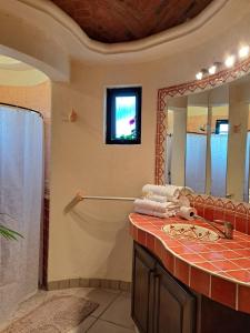 een badkamer met een wastafel en een spiegel bij Rancho Labradores in Atotonilco