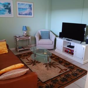 sala de estar con sofá y TV en Cozy Beach Getaway, en Cabo Cañaveral
