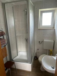 a bathroom with a shower and a toilet and a sink at Ferienbungalow Meerjungfrau im Seebad Ueckermünde in Ueckermünde