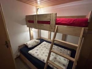 a bunk bed room with two bunk beds and a ladder at Ferienbungalow Meerjungfrau im Seebad Ueckermünde in Ueckermünde