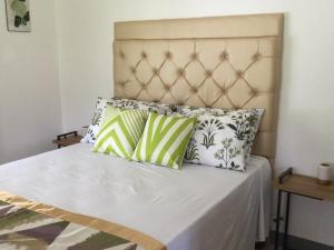a bed with two pillows on top of it at Serenity 2-Bed Apartment in Port Antonio in Port Antonio