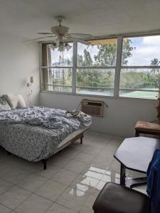 een slaapkamer met een bed en een tafel en ramen bij Private room and bathroom in large spacious 2 BR 2 BH in San Juan