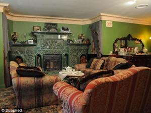 a living room with two couches and a fireplace at The Castle in Robertson