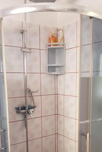 a bathroom with a shower with a tv on the wall at Apartament Pruszcz Gdański 2 in Pruszcz Gdański