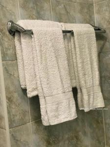 two white towels hanging on a towel rack in a shower at Гостевой дом Асман-Тоо-HOGWARTS in Karakol