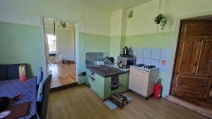 a small kitchen with a stove and a refrigerator at Ķēniņi in Gaidēns +27 photos