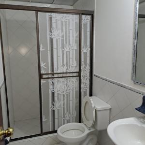 uma casa de banho com um chuveiro, um WC e um lavatório. em Fortaleza Diosa Chia em Chía