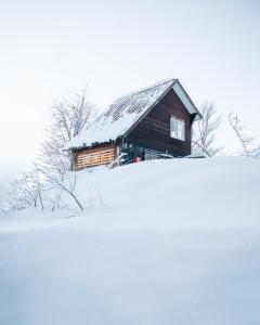 Cabaña de madera con techo cubierto de nieve en Lucky Duck Cabin Myoko en Myoko