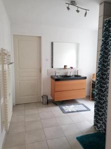 baño con lavabo y espejo junto a una puerta en Le cocon rochois en Roches-sur-Marne