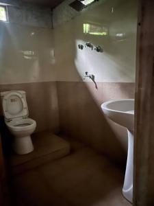 a small bathroom with a toilet and a sink at Arana Rathnaella Eco Lodge in Hassalaka