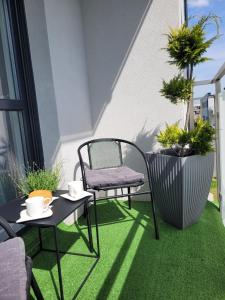a patio with a chair and a table on the grass at Apartament Złota Dziewiątka in Wągrowiec