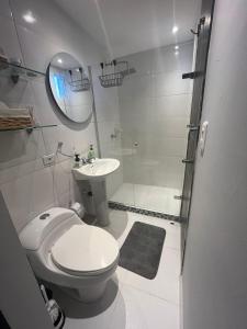La salle de bains est pourvue de toilettes, d'un lavabo et d'une douche. dans l'établissement Hermoso Apartaestudio Norte de Barranquilla, à Barranquilla
