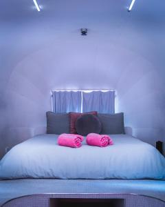 Una cama con dos almohadas rosas encima. en Hotel No en Melbourne