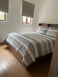 1 dormitorio con 1 cama con edredón de rayas y 2 ventanas en VILLA CORTONA, en Santeagueda