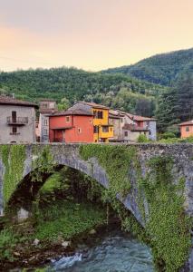 een brug met klimop over een rivier bij La Casina di Sotto in Castelnuovo di Garfagnana