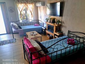 a living room with two beds and a television at Zoe garden home in Spata