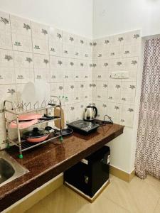 uma cozinha com um balcão com um lavatório em J’s Inn- A petite paradise em Guwahati
