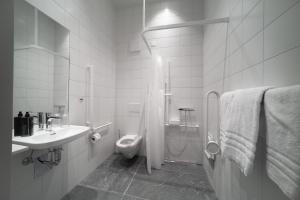 e bagno con servizi igienici, lavandino e doccia. di Casa Moscia ad Ascona