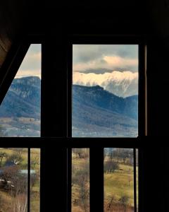 a view from a window of snow capped mountains at Zibran Cabane in Bran