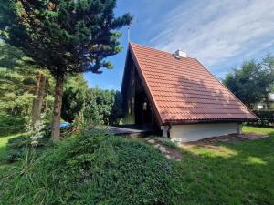 a house with a red roof on a green field at Domek na Warmii in Wernegity
