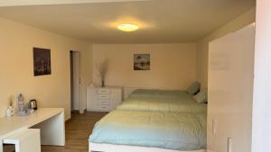 a small bedroom with a bed and a desk at 布拉格城堡公寓 in Rudná