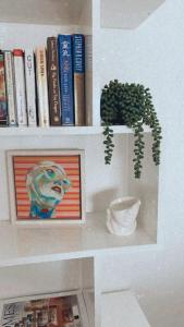 a book shelf with a potted plant and books at Beachfront Artsy Apartment in Clacton-on-Sea