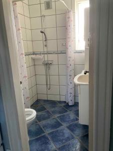 a bathroom with a shower and a toilet and a sink at Holiday Home In Poulsker in Neksø