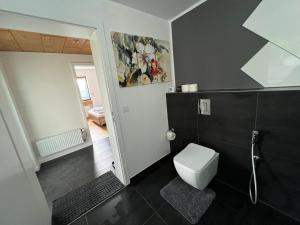 een badkamer met een toilet en een schilderij aan de muur bij Traum Berg - Koppelberg 1 in Traben-Trarbach +15 foto's