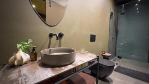 a bathroom with a sink on a counter with a shower at Overstory Forest Cabins Ironwood in Cape Town