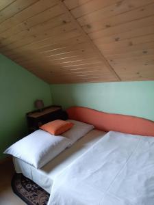 two beds in a room with a wooden ceiling at Morycówka in Rzyki