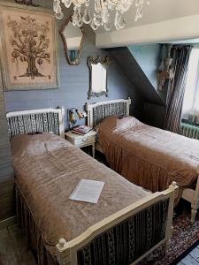 Ferme de la Dorvallière في Cavagnac: غرفة نوم بسريرين وثريا