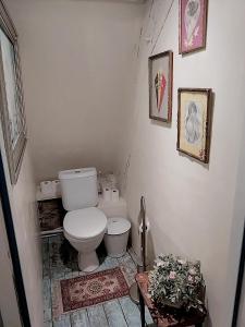 mała łazienka z toaletą i obrazami na ścianie w obiekcie Ferme de la Dorvallière w mieście Cavagnac
