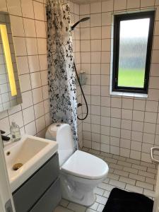 baño con aseo y lavabo y ventana en Cozy Cottage Close To The Beach, en Bogense