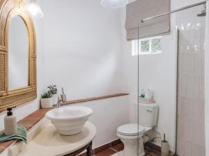 La salle de bains est pourvue de toilettes, d'un lavabo et d'une douche. dans l'établissement Wylde Rose Cottage, à Pietermaritzburg