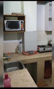 Una encimera de cocina con fregadero y microondas. en Gippys studio, en Gangtok