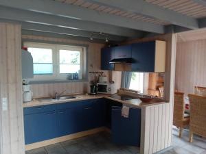 a kitchen with blue cabinets and a sink at Ferienhaus Büffel mit Sauna in Twist in Twist