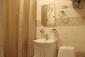 bagno con servizi igienici, lavandino e specchio di Salamat Hotel a Bishkek