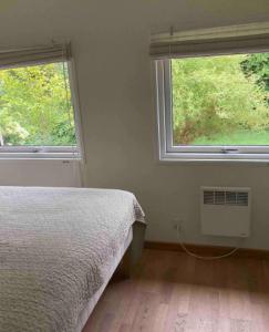 1 Schlafzimmer mit 2 Fenstern, einem Bett und einem Ventilator in der Unterkunft Lovely Summer House By The Coast, in Præstø