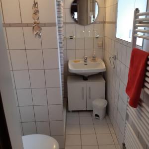 a small bathroom with a sink and a toilet at Nordseeferienhaus-Alma in Niebüll