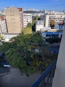 uma vista para uma cidade com uma árvore numa varanda em 2 pièces, calme et lumineux. em Boulogne-Billancourt