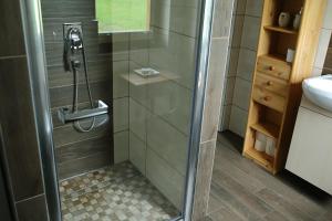 a shower with a glass door in a bathroom at Wakacje w Radziuciach in Sejny