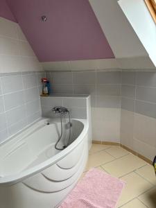 La salle de bains est pourvue d'une baignoire avec un plafond violet. dans l'établissement Maison chaleureuse avec barbecue quartier calme, à Voivres-lès-le-Mans 18 autres photos
