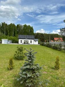 a house with solar panels on it in a field at Dom z sauną na wyłączność in Drawno