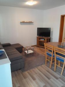 sala de estar con sofá, mesa y TV en Apartman Miro, en Cavtat