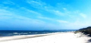 a beach with white sand and the ocean at Stylische Surfoase am Wasser in Dranske