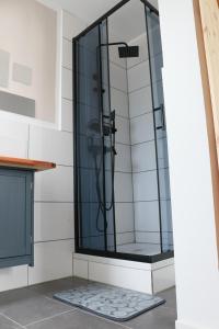 eine Dusche im Bad mit Glaswand in der Unterkunft KS Home in Augsburg