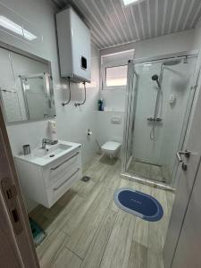 a bathroom with a shower and a sink and a toilet at Paradise beachfront view 2 in Dobra Voda