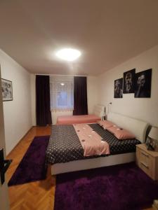 a bedroom with two beds and a purple rug at City Center Apartment JOTIC in Pirot