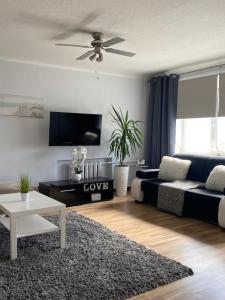 ein Wohnzimmer mit einem Sofa und einem TV in der Unterkunft Apartamentai prie Danės upės(senoji perkela i Kuršiu nerija) in Klaipėda