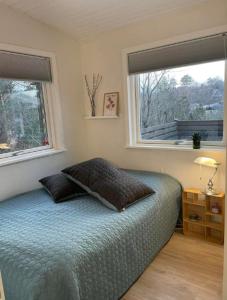 a bedroom with a bed with two pillows and two windows at Lovely Summer House In Tranquil Nature, in Ebeltoft